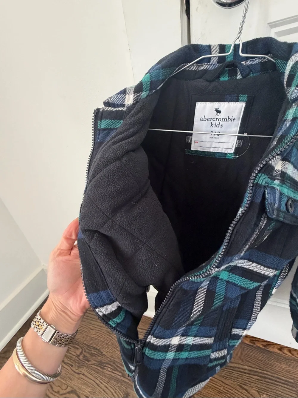 abercrombie kids navy and teal plaid puffer jacket